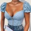 Frill Puff Sleeves Low Cut T-shirt Kvinnor Toppar Sommar Sexig V-Neck Zipper Fram Skinny Crop Tops Off Shoulder Bodycon Tees G220228