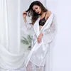Sexiga Kvinnor Badrock Lace Satin Underkläder Långärmad Babydoll Nightie Robes Kimono Robe För Kvinna Peignoir Femme Plus Storlek 3xl 210203
