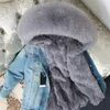 OFTBUY Giacca invernale da donna Cappotto in vera pelliccia Parka Collo in vero procione Fodera in coniglio Rex Bomber a righe Giacca di jeans Streetwear 201212