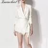 Spring Office Ladies Two Piece Set Women Long Sleeve notched Double Breasted Satin Silk Shirt Suit + Sashes Lace Mini Kjol 220221