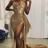 Arabski ASO EBI Gold Cekinowy Prom Party Dresses 2021 Sexy Sweetheart Peplum Side Slit Syrenka Afryki Drugi Recepcja Suknie Wieczorowe Al7405