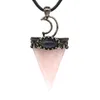 JLN Vintage Style Couronne Lune Triangle Pierre Pendentif Argent Antique Pierres Semi-précieuses Ovale Labradorite Perle Avec Chaîne En Cuir Collier Pour Hommes Femmes Bijoux