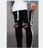 New Fashion Mens Jean Street Black Holes White Stripes Jeans Hiphop Skateboard Pencil Pants221r