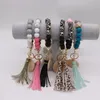 Porte-clés en perles de silicone faveur Bracelet en perles de bois fait à la main couleur primaire puces boisées porte-clés gland avec anneau en métal