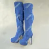 Olomm 2020 Donne di Inverno Della Piattaforma Sopra Gli Stivali Al Ginocchio Sexy Sottili Tacchi Alti Stivali Punta Rotonda Cielo-Blu Scarpe Da Donna Più Il Formato DEGLI STATI UNITI 5-201