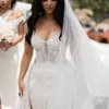 Sparkly Beading Lace Mermaid Bröllopsklänning Avtagbar Tåg 2022 Lyxig Tunga Beaded V Neck Applique Bridal Gown Robe de Mariée