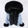 天然のキツネの毛皮、ゆったりとした、スタイリッシュな、暖かく、取り外し可能なウサギの毛皮Lini 201111で作られた大きな毛皮の襟付きマウモココン冬のデニムジャケット