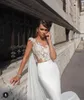 Julie Vino 2021 Meerjungfrau-Hochzeitskleider mit Wickel-Spitze-Applikation, ärmellose Satin-Brautkleider, sexy, tiefer Ausschnitt, Fischschwanz, Wedd248Z