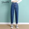 Yitimoky Taille Haute Jeans Femme Droite Ciel Bleu Denim Pantalon Plus La Taille Élastique Lavé Casual Vintage Streetwear Maman Jeans Femmes 210203