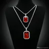 Nieuwe Mode 2 Stks Ruby Ketting Set Zilver Vergulde Iced Out Out Square Red Ruby Bling Rhinestone Hanger Ketting Hip Hop Sieraden Doos Ketting
