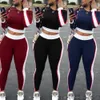 2 stks Mooie Leisure Ronde hals Patchwork Zwart Tweedelige Broek Set Dames Dames Trainingspak Hoodies Sweatshirt Crop Tops + Pants Wy32