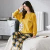 MELIFLE Autumn Fashion Korean Silk Pajama Set for Women 100% Cotton Satin Atoff Home Sleepwear Winter Warm Soft Kawaii Nightwear 201217