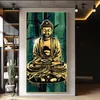 Meditazione in oro Statua di Buddha Dipinto ad olio su tela Poster Sfondo verde Buddista Stampa artistica su parete Immagine Soggiorno Decor