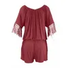 3/4 Sleeves Tassel Women Jumpsuits Summer Beach Wide Leg Overalls Fashion Korean Playsuits Off Shoulder Solid Rompers Home Wear T200704