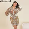 Glamaker Paisley Imprimer Sexy Élégant Chemisier Chemise Femme Blanc D'été À Manches Longues Lanterne Bohème Blouse Femmes Causal Top Dames Y200930