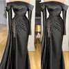 2021 Neue Sexy Schwarze Meerjungfrau Abendkleider Tragen Schulterfrei Lange Ärmel Kristall Perlen Satin Dubai Arabisch Formales Partykleid Pro281Z