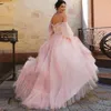 Sweety Różowy Buffy Rękawu Linia Prom Dresses 2022 Sweetheart Aplikacje Pleat Ruched Długość podłogi Eleganckie Formalne Party Suknie Wieczorowe Off Ramię Sukienka Zaręczynowa