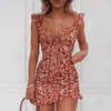 Elegante vintage floral estampa mini vestido feminino 2021 verão decote em v vestido de festa evasê feminino manga curta vestidos de praia vestidos Y0118
