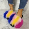 Winter Fluffy Raccoon Slippers Shoes Women Real Faux Fur Flip Flop Flat Furry Slides Outdoor Sandals Woman Amazing 201125