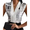 Women's Blouses & Shirts Women Summer Fashion Female Top Nespaper Print V Neck Long Sleevless Casual Blouse Tops