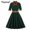Tonval Green Contrast Bow Neck and Cuff Vintage Dress Sukienka Pół Rękaw Jesienne Kobiety Fit and Flare Retro Swing Dresses Y0118