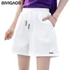 BIVIGAOS 2019 Verano Mujer Color sólido Algodón Blanco Pantalones cortos Sueltos Casual Pierna ancha Pantalones cortos de cintura alta Pantalones cortos rectos con cordón T200701