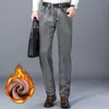 Hiver chaud hommes polaire Jeans Style classique gris coton coupe régulière Stretch Denim épais pantalon mâle marque pantalon 201123