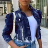 Women's Jackets Autumn Women Puff Sleeve Hole Denim Plus Size Single Breasted Short Jean Jacket Female 2021 Ripped Streetwear Lady Coat