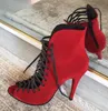 Kvinnor Elegant Peep Toe Suede Leather Stiletto Heel Short Gladiator Boots Lace-Up Red High Heel Ankel Booties Club Dress Shoes