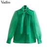 Vadim Women Green Organza Blouse Lantern Sleeve Bow Tie Collar Stylish Female Casual Shirt Long Sleeve Solid Tops Blusas La898 Y200930