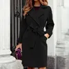 Zimowy damski wełniany długi płaszcz elegancki solidny płaszcz mieszany z klapami z paskiem kurtka jesień Vintage Office Lady Slim Fit damski płaszcz