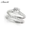 Ainuoshi 925 Sterling Silver Women Ring Sets White Gold Color Round Cut 1Ct Ring Set Wedding Engagement Party Silver Jewelry Y200106