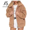 冬の女性のフェイクの毛皮の色の色のジャケットふわふわのテディベアのフリースジッパーポケット長袖のようなコートカジュアルストリートウェア