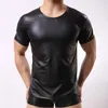 PU Cuero T Shirts Hombres Sexy Fitness O-cuello Tops Gay Boxers Mens Etapa Tshirt Casual Ropa Maletines Top Top Sets Traje