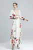 Women's Runway Dresses Sexy Low V Neck Long Sleeves Split Front Floral Printed High Street Fashion Long Designer Dresses300V