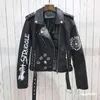 Autumn Women Winter Faux Soft Leather Jackets Coats Lady Black PU Rivet Zipper Epaulet 3D print Motorcycle Streetwear