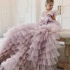 Train Ruffles Long Flower Girls Dresses For Weddings Party Children Bilder Kläd Kids Photoshoot Baby Shower Gowns