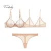 Varsbaby sexy nieuwe draad gratis 2 bh + string 3 stks garen transparant ongevoerd 32BC-38BCD boog bh set LJ201031