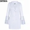 Office Dames Work Wear Black Long Blazer avec manches de flare dentelle Outwear blanc Slim Fit élégant double bouton Bouton pour femmes 201114