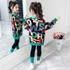 아이 의류 정장 소녀 가을 의류 패션 캐주얼 캐주얼 캐주얼 큰 어린이 편지 스웨터 + 레깅스 2 피스 세트 211224