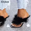 Eilyken été pantoufles femmes fourrure diapositives mode bout carré Transparent plexiglas talons strass sandales femme bascule chaussure X1020