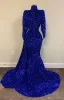 로얄 블루 스팽글 인어 댄스 파티 드레스 긴 소매 맞춤형 플런트 V 높은 목 2022 플러스 사이즈 저녁 파티 가운 vestidos 공식적인 행사 착용