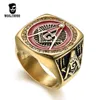 Cluster Rings Whole SaleRed Enamel Masonic Ring Mens Rhinestone Gold Vintage 316L Stainless Steel Freemasonry CZ Punk Men Jewelry Gift Bague