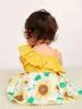 Baby zonnebloem print asymmetrische nek ruche trim jurk zij