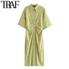 TRAF Femininas Chic Moda Button-Up Draped Midi Camisa Vestido Vintage Manga Curta Lateral Zíper Feminino Vestidos Vestidos 220311