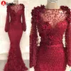 NIEUWE! 2022 Verbazingwekkende Bourgondië Mermaid Prom Dresses Sheer Juweel Hals Lange Mouw Kant Applicaties Arabische Avondjurk Jurk Vestidos de Gala Xu