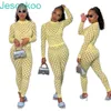 2022 Dames Jumpsuits Designer V-hals Nightclub Sexy Oog Net Onesies Lange mouw Broek Slanke Rompertjes Fashion Casual Kleding