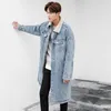 Winter Fleece Inside Mens Long Style Denim Jacket Zippered Cuffs Thick Denim Coat Turn Down Collar Loose Retro Blue Jean Jacket 201104