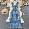 Summer Sexy Lace Chiffon Pleated Dress Women Elegant V-Neck Sleeveless Cascading Ruffle Patchwork Party Vestidos Female New 2022