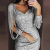 Casual Dresses For Evening Robe Femme Woman Party Dress Bodycon Sexy Sequin Night Tassel Glitter Vestidos Shiny 20211